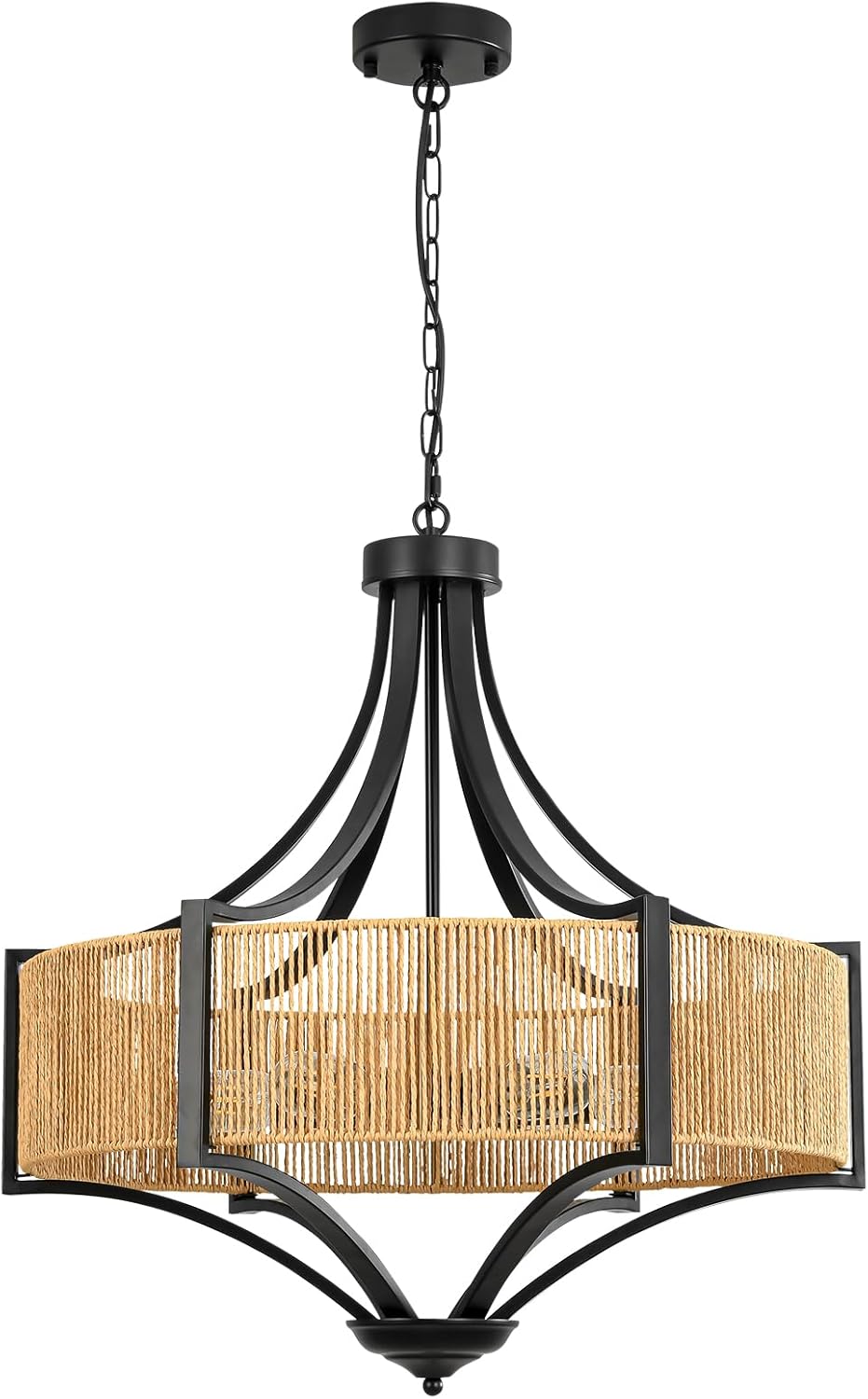 24” Rattan Chandelier Light Fixture, 6-Light Large Rustic Pendant Lighting with Hand-Woven Wicker Shade and Metal Frame, Boho Black Hanging Ceiling Light for Dining Room, Living Room